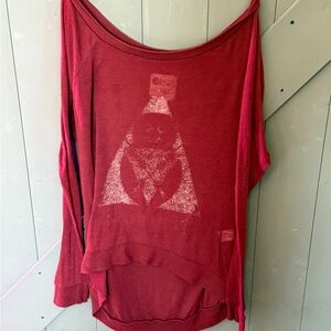 Billabong Sheer Retro Long Sleeve Burgundy Tunic Top Off Shoulder